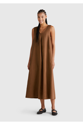 United Colors of Benetton Rochie midi maro 100% in, cu decolteu în V, fără mâneci, linie A