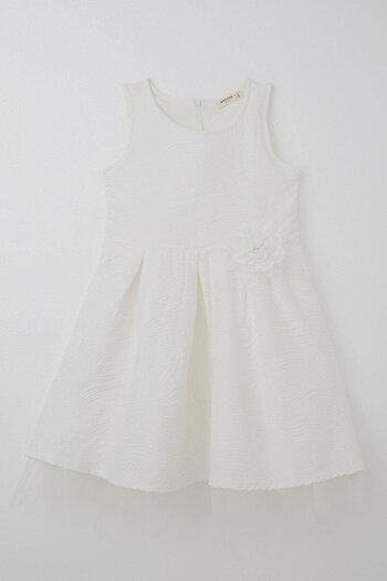 Breeze Girl's Dress Embossed Patterned with Flower Accessories 8-12 Years, Ecru