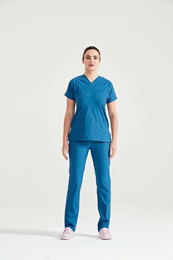 DEMOTEKS Costum medical din elastan, albastru petrol, pentru femei - Model Classic Flex