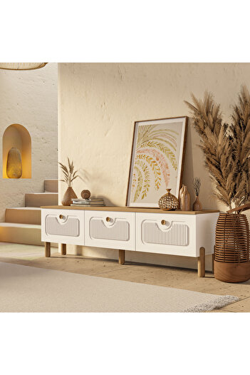 Mezza 4090 Napoli 180 Cm (Membran MDF Kapaklı) Bohem Tv Ünitesi Sepet - Beyaz