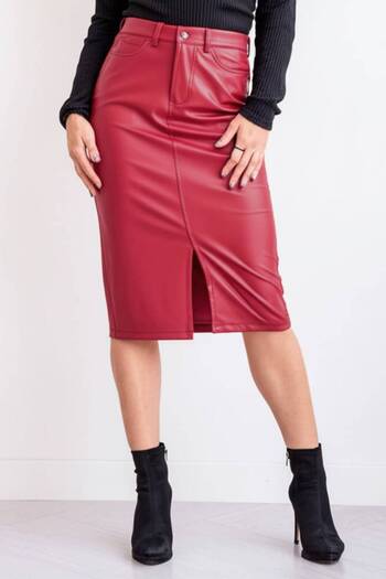 CEDY DENIM Midi Length Red Faux Leather Skirt, Stylish Slimfit Model C624-Red