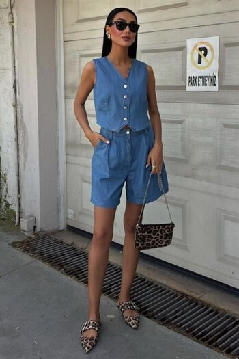 modaserdem Silver Buttoned Vest and Shorts Set 10174