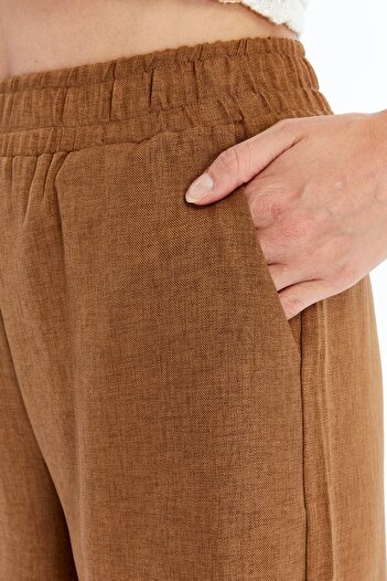 GENIUS STORE Kadın Pantolon Keten Karışımlı Belİ Lastikli Kırışmaz Kumaş Pantolon KETEN-PANTOLON