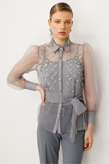 Moda İlgi Modailgi Kravat Detaylı Taşlı Organze Gömlek Gri