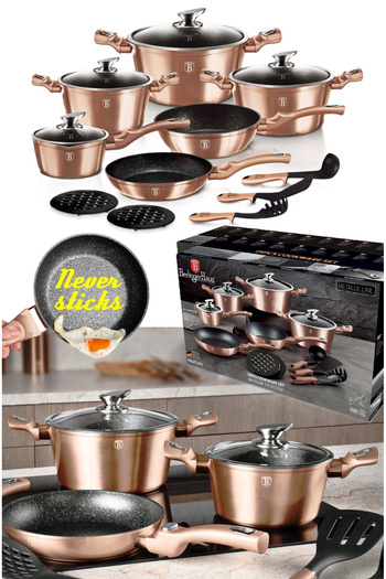 Berlinger Marble cookware set of pots pans nonstick 15 pcs for all stoves Rosegold Metallic Line
