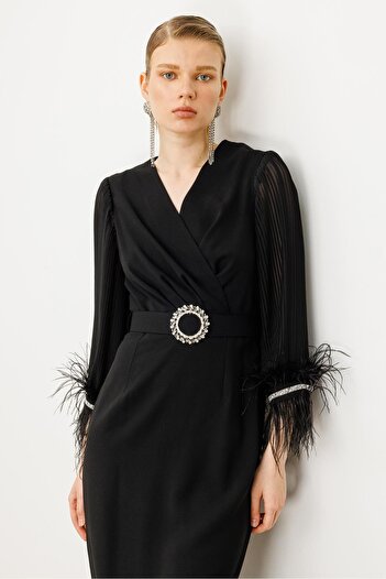 Moda İlgi Modailgi Long Dress with Pleated Sleeves and Ribbed Cuffs Black