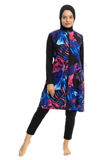 LEOMA Fully Covered Water Repellent Quick Drying Side Adjustable Zippered Patterned Hijab Swimsuit