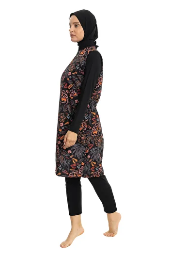 LEOMA Fully Covered Water Repellent Quick Drying Side Adjustable Zippered Patterned Hijab Swimsuit