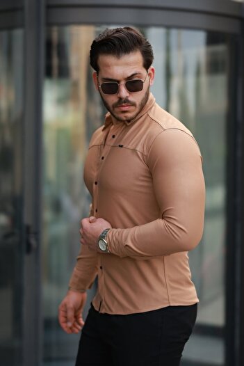 soonaksesuar Men's Snap Button Buttoned Stitching Detailed Long Sleeve Shirt