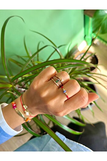 Atelier Çağla Red Adjustable String Ring with Glass Beads