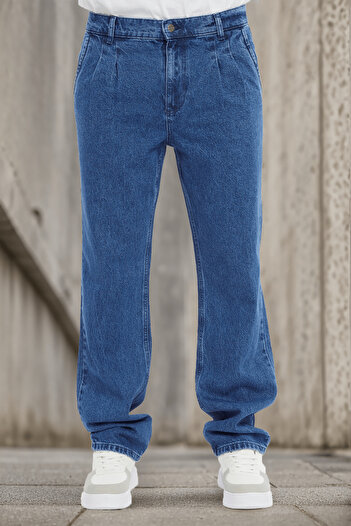 CEDY DENIM High Quality Baggy Fit Jean Neo Pleated High Waist Loose Fit Jeans Pants C354-Blue