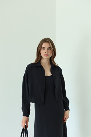 Laluvia Black Modal Shirt Dress Set - 51153