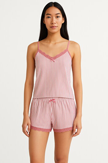 HNX Cotton Collar Lace Detailed Thin Straps Undershirt and Shorts Women's Pajamas Set