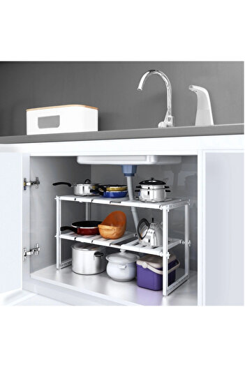 Herum Kitchen shelf with 2 shelves, extendable, for storage, White, 50-70 x 26 x 38 cm