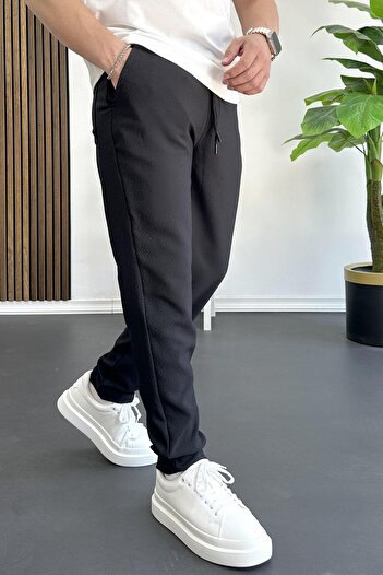 Edwox Men's Elastic Waist Seersucker Fabric Jogger Pants Black Edw358