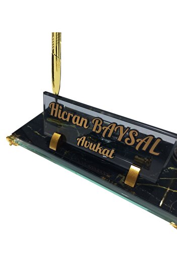 Sentez Masa Üstü İsimlik Safir Mermer Desenli Kristal Masa İsimliği Ofis Masa Seti