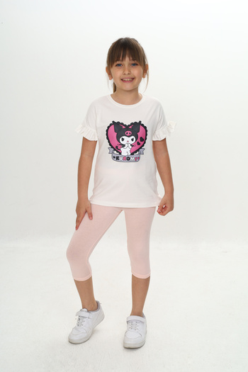 Sevimli Girl's Summer T-Shirt & Leggings Set with Ruffles and Kuromi Pattern