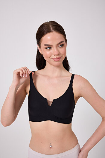 Bernato # Hicyoksutyen Laser Cut Mesh Detailed Bra – Soft Support, Seamless, Wide Side Band