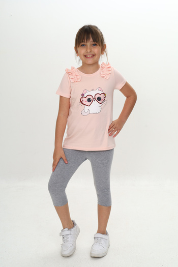 Sevimli Girl's Summer T-Shirt & Leggings Set with Ruffled Glasses and Cat Pattern