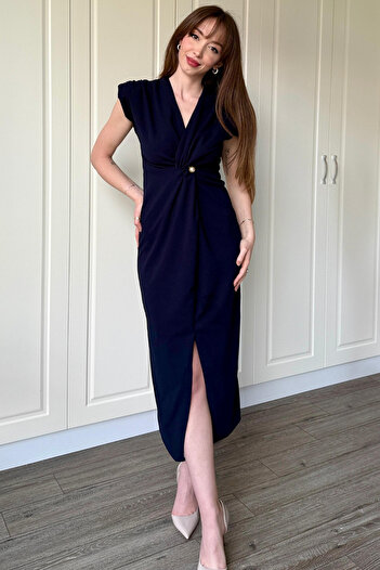Dilay Gökoğlu Butik Φόρεμα με διπλό γιακά με βαμμένο μαργαριτάρι Navy Blue