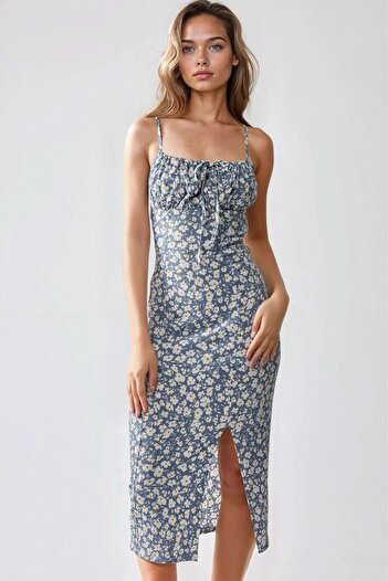 Hiccup Floral Print Bodycon Midi Dress with Slit Detail