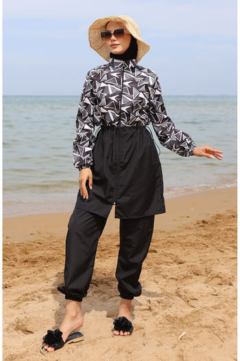 sefamerve Melis Elastic Waist Hijab Swimsuit 5042-01 Black White