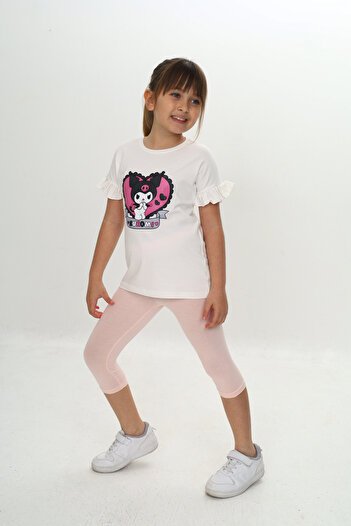 Sevimli Girl's Summer T-Shirt & Leggings Set with Ruffles and Kuromi Pattern
