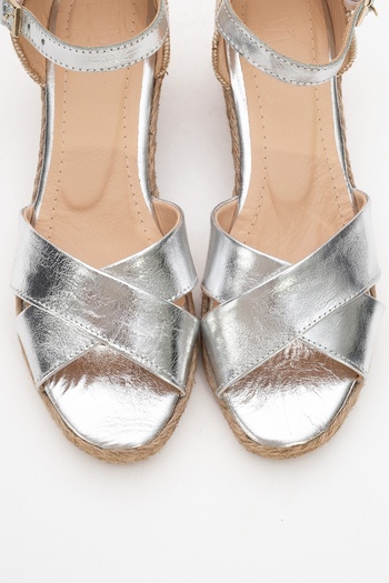 LuviShoes Mi̇ri̇a Silver Genuine Leather Cross-Strapped Women's Wedge Heeled Sandals