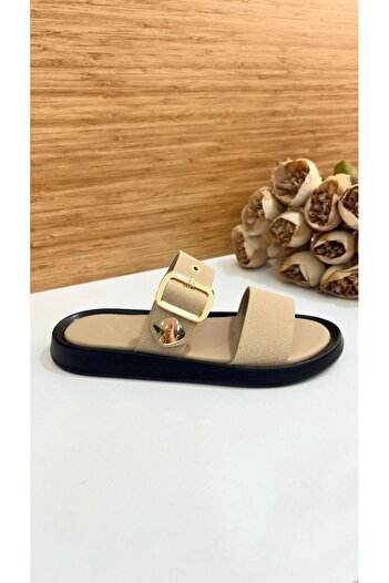 PUNTO 513063 Kadın Süet Çift Bantlı Gold Tokalı Terlik