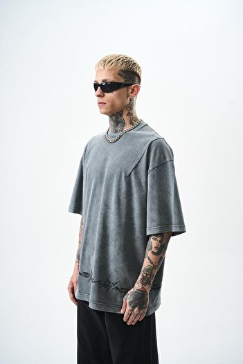 Respire Men's Hell Printed Washable Oversize T-Shirt Gray