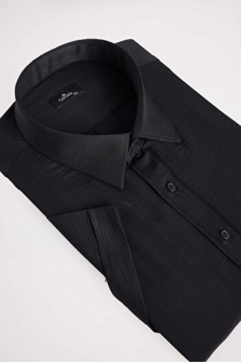 Tudors Men's Big Size Plus Size Short Sleeve Cotton Single Pocket Dobby Black Shirt