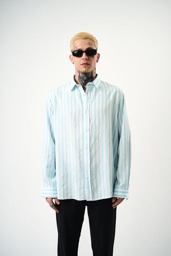 Respire Ανδρικό ριγέ μακρυμάνικο πουκάμισο Oversize Baby Blue