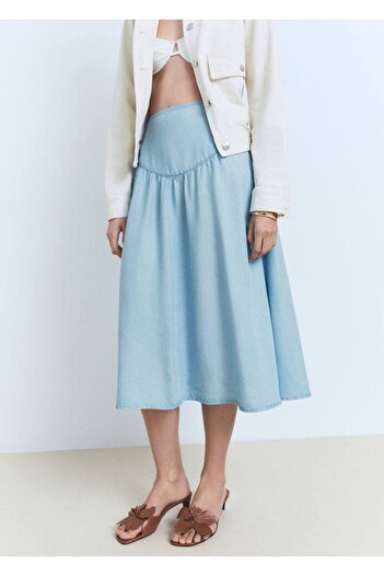 MANGO Woman Soft Denim Midi Skirt with Shirring Detail