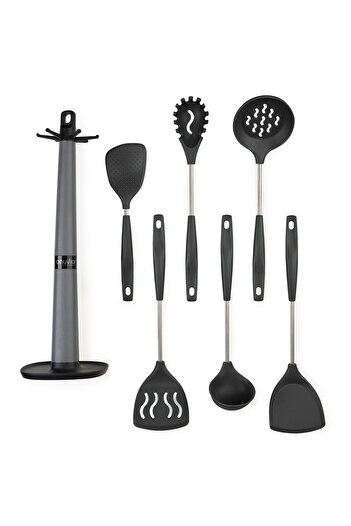 Onuvio Set of 6 Silicone Kitchen Utensils with Hook-Type Countertop Holder, BPA-Free, Onuvio® - Black