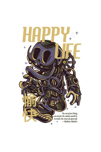 StoryGift Romania Sticker Adeziv 90CM Cu Robot Cu Chip Zambitor, Text Mov In Engleza Happy Life, Artwork, Ilustr