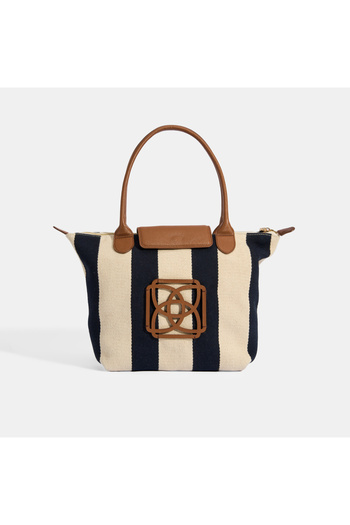 Desa Geantă de umăr Midi din țesătură cu dungi albastru bleumarin cu logo monogramă