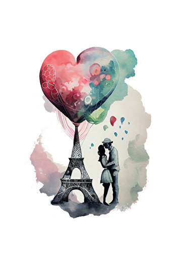 StoryGift Romania Sticker Adeziv 90CM Cu Pictura Omenii Sarutandu-se Langa Turnul Eiffel, Balone Rosi In Forma D