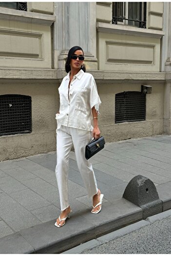 manana fashion White Gabardine Casual Shirt Pants Set