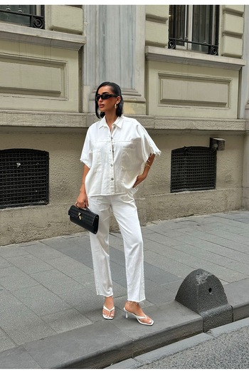 manana fashion White Gabardine Casual Shirt Pants Set