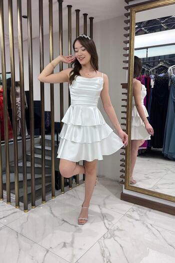 By Saygı Women's Rope Strap Back Lace up Skirt Layered Satin Short Dress