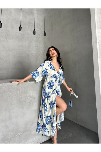 BLUSS Kadın Bohem Stil Viskon Yazlık Elbise - Yırtmaçlı & Desenli