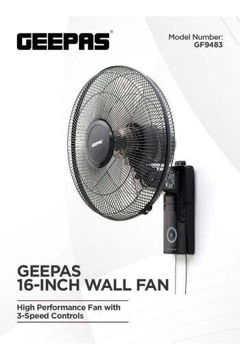 Geepas 16" Wall Fan| High Performance Fan with 3-Speed Controls, 5 Leaf Blades and 2 Pull String Cords| Adj