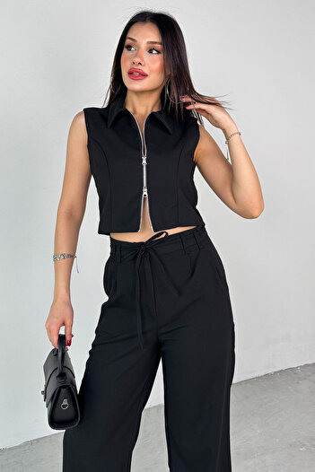 Cappmoda Tkm-25102 Black Zero Sleeve Zipper Shirt Collar Vest High Waist Pants Two-Piece Set