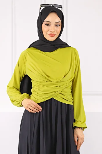 İmajButik Oil Green Cross Drape Detailed Sandy Blouse