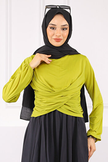 İmajButik Oil Green Cross Drape Detailed Sandy Blouse