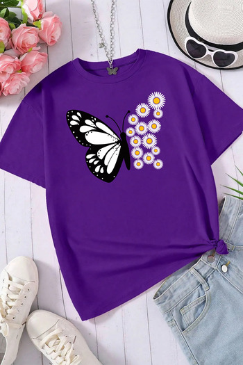 yueswear Unisex Daisy Butterfly Printed Relaxed Cut Purple T-Shirt