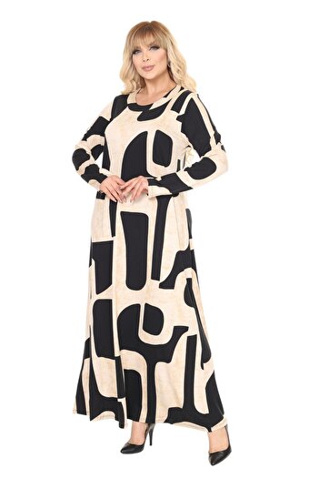 MELSAY Women's Plus Size Beige Picasso Pattern Long Sleeve Hijab Dress