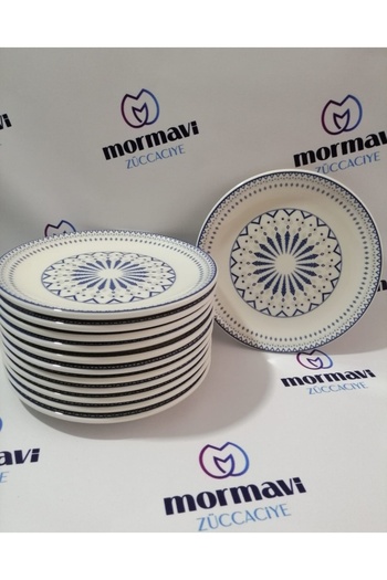 Güral Güral Porcelain Digibone - 20 cm Blue and White, 12 Piece Cake Plates