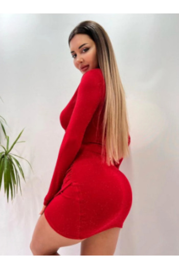 pink life Kırmızı Buzzy Simli Kumaş Kruvaze Yaka Mini Elbise