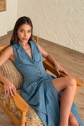 Pissos Rochie de damă, albastru deschis, cu nasturi în față, vintage, din denim midi